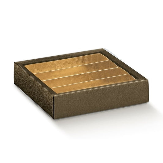 SC Krabička na pralinky s  průhl. víčkem a zlatým vkladem potisk hnědá kůže 14,5x14,5x3,5cm 10ks