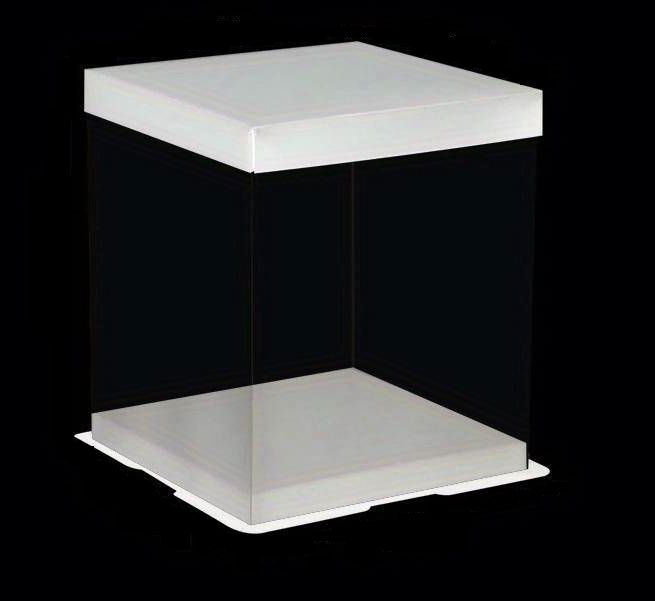 Průhledný dortový box, bílý hranatý 26 x 26 x 31cm