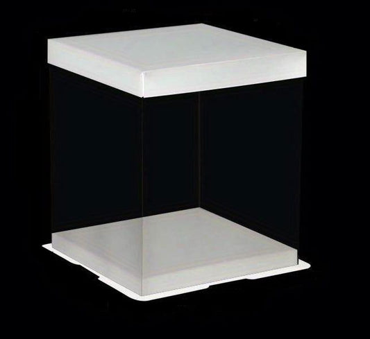 Průhledný dortový box,  bílý hranatý 33 x 33 x 40 cm